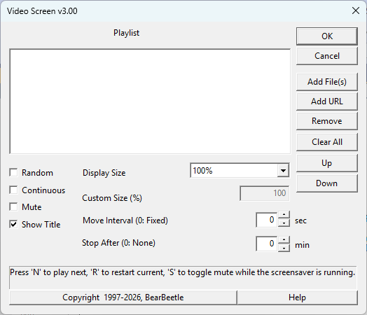 Video Screen Settings Dialog Initial State